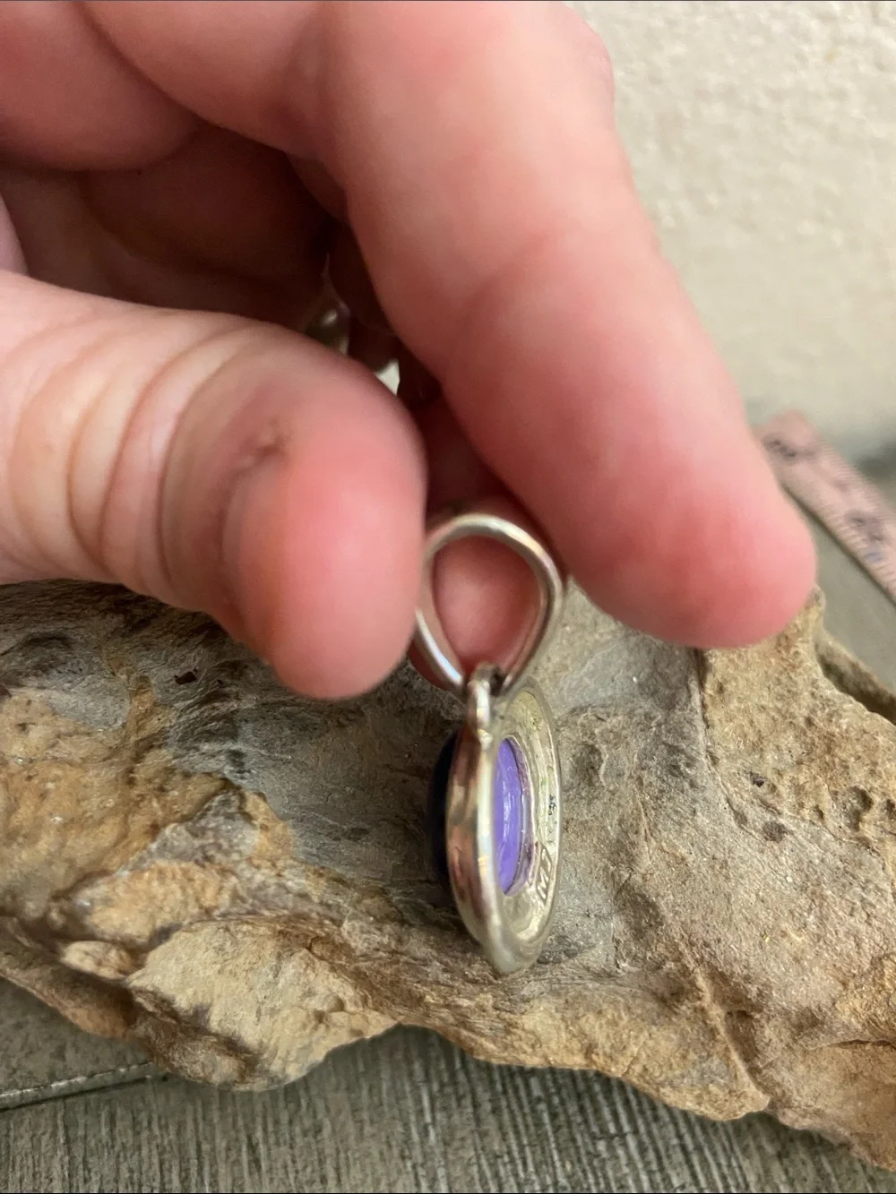 Vintage 80s Purple Acrylic Cabochon Set in Silver Round Pendant